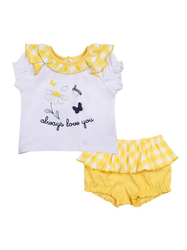 Girls White & Yellow Printed T- Shirt with Short Pants image number 0